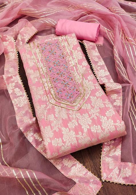 Pink Ethnic Motifs Woven Poly Blend Kurta Set