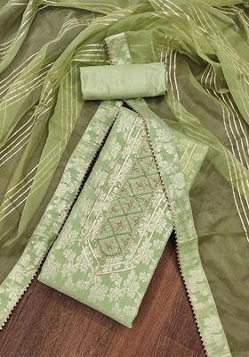 Lime Green Floral Woven Design Poly Blend Kurta Set