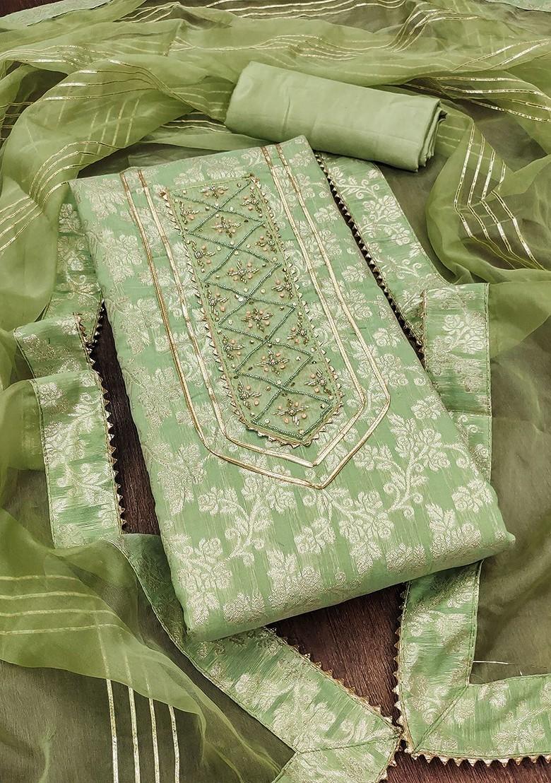 Lime Green Floral Woven Design Poly Blend Kurta Set