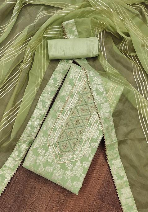 Lime Green Floral Woven Design Poly Blend Kurta Set