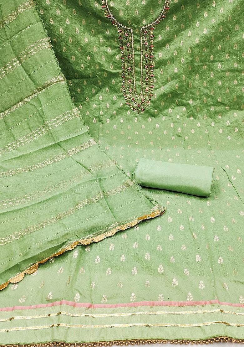 Green Ethnic Motifs Woven Poly Blend Kurta Set