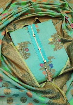 Sea Green Ethnic Motifs Woven Poly Blend Kurta Set