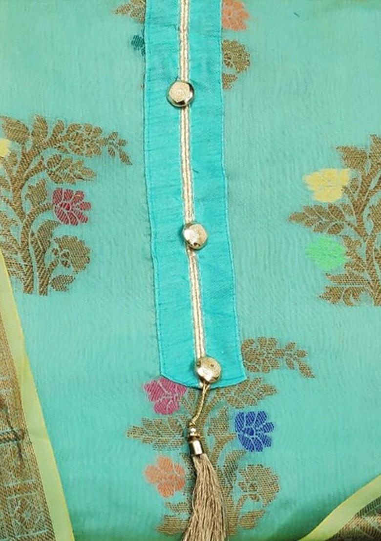 Sea Green Ethnic Motifs Woven Poly Blend Kurta Set