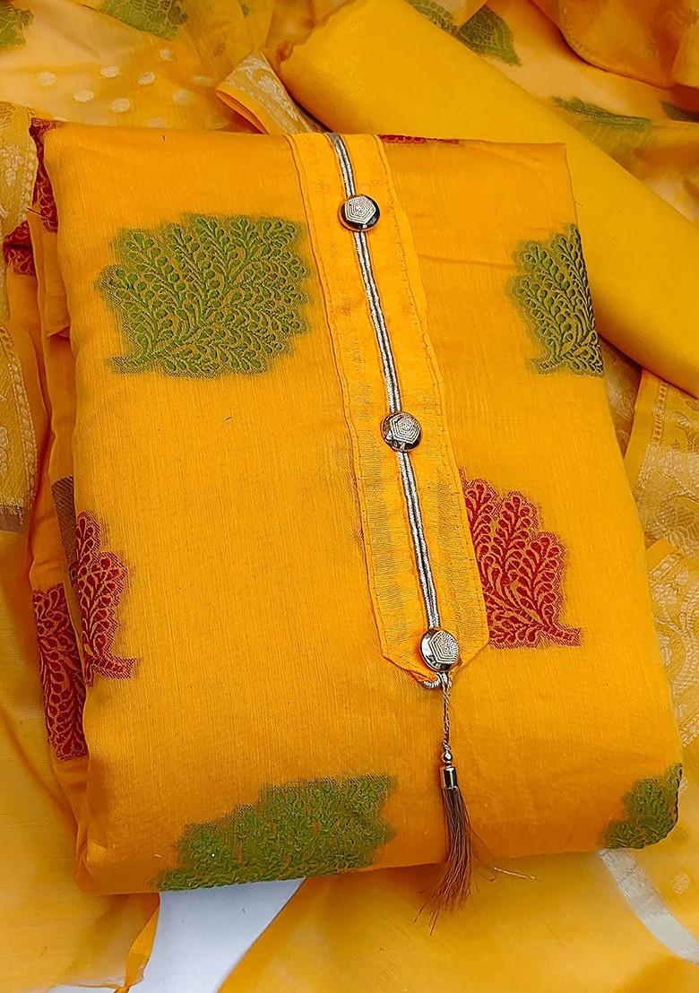 Yellow Ethnic Motifs Woven Poly Blend Kurta Set