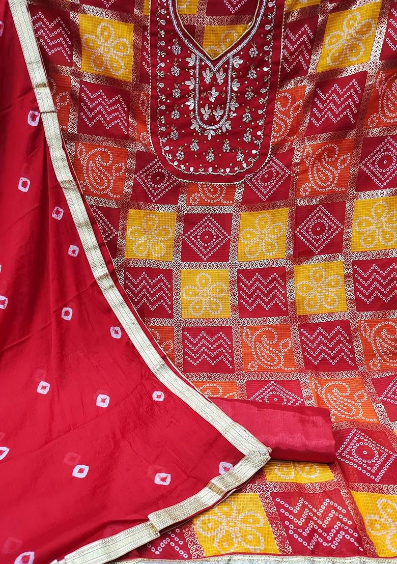 Red Bandhani Print Poly Blend Kurta Set