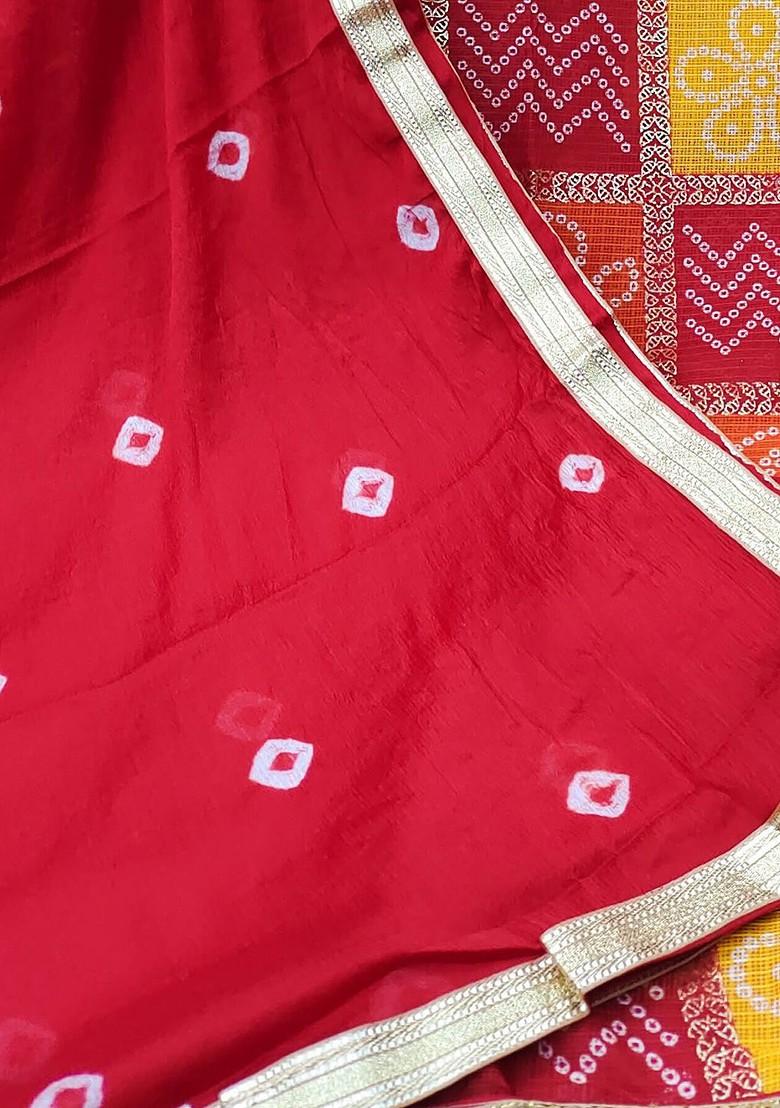 Red Bandhani Print Poly Blend Kurta Set