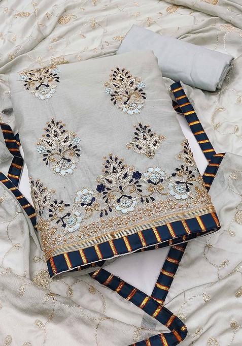 Grey Ethnic Motifs Embroidered Poly Blend Kurta Set