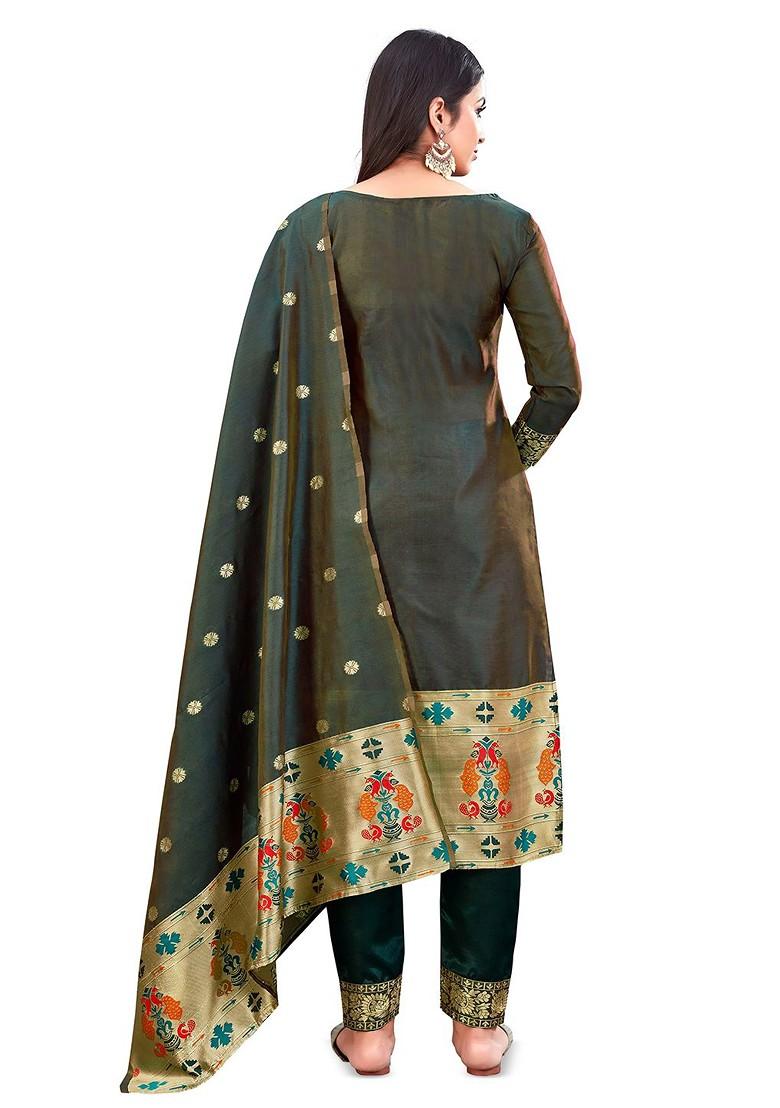 Green Ethnic Motifs Woven Poly Blend Kurta Set