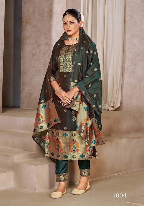 Green Ethnic Motifs Woven Poly Blend Kurta Set