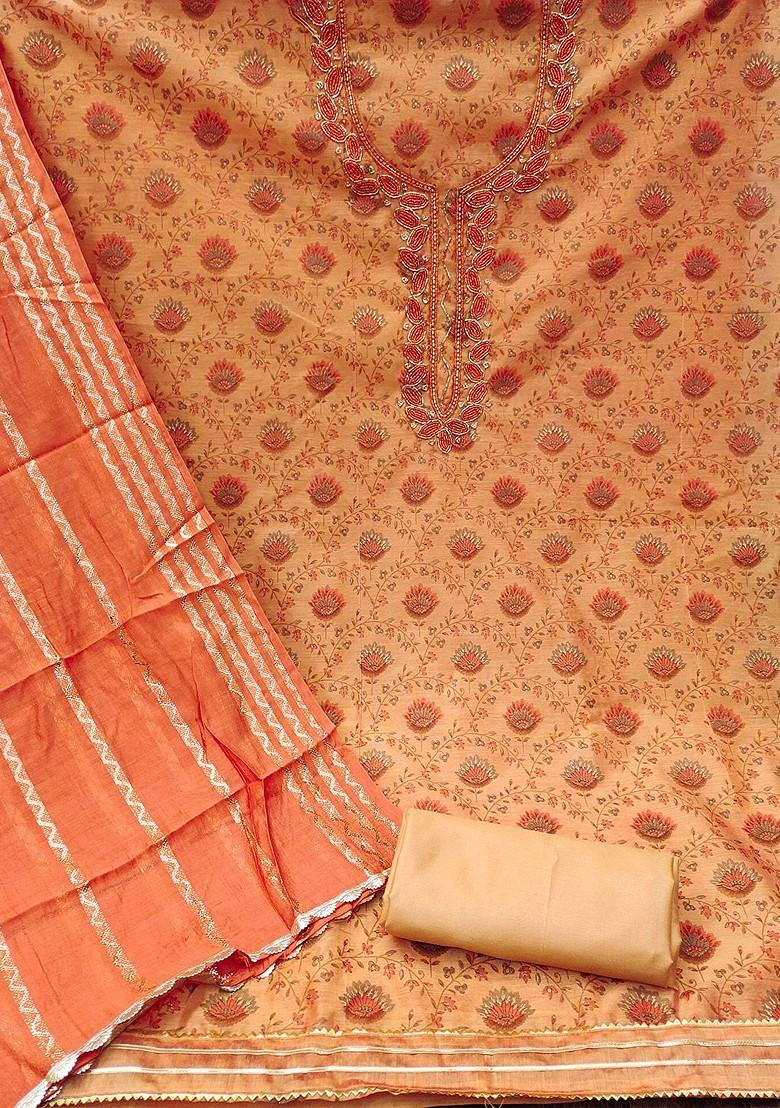 Orange Floral Print Poly Blend Kurta Set