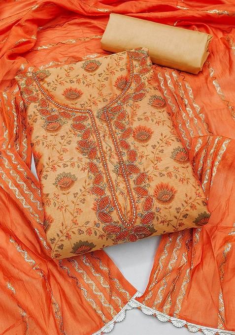 Orange Floral Print Poly Blend Kurta Set