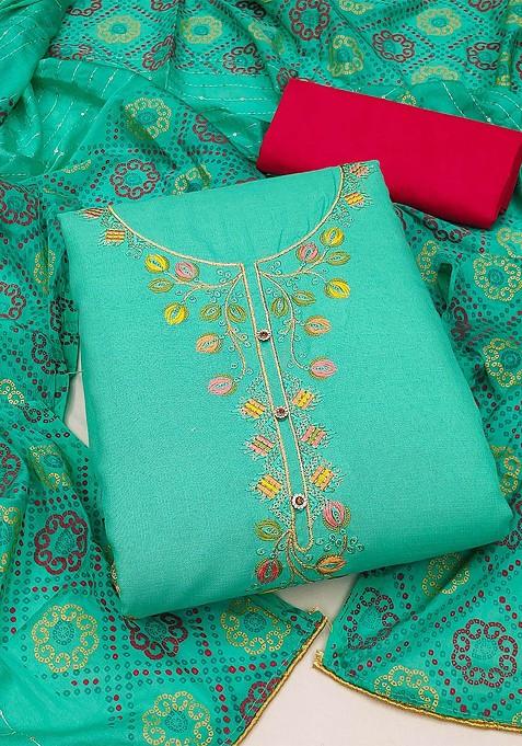 Green Floral Embroidered Poly Blend Kurta Set