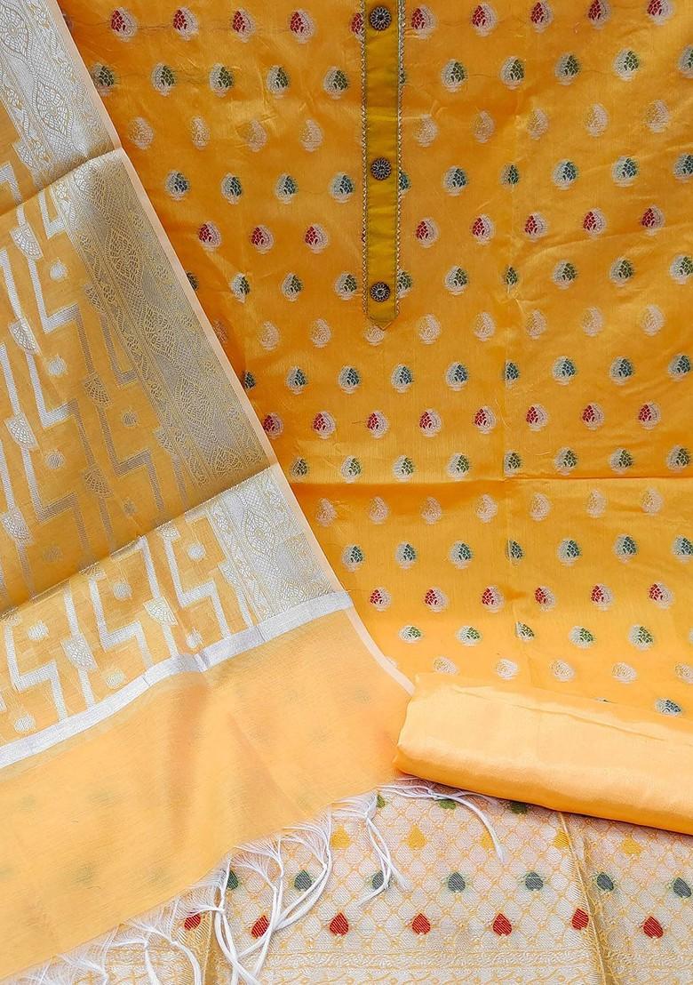 Yellow Ethnic Motifs Woven Poly Blend Kurta Set