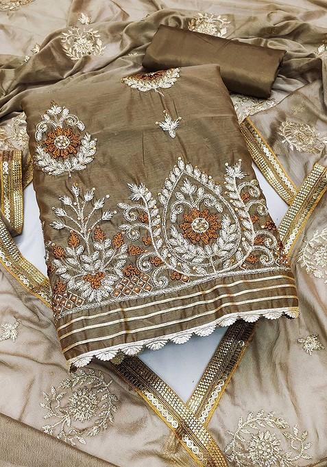 Brown Ethnic Motifs Embroidered Poly Blend Kurta Set