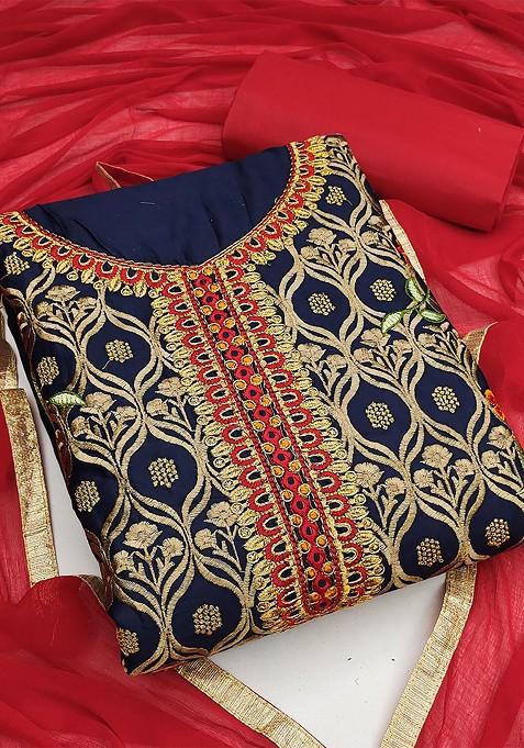 Blue Ethnic Motifs Embroidered Poly Blend Kurta Set