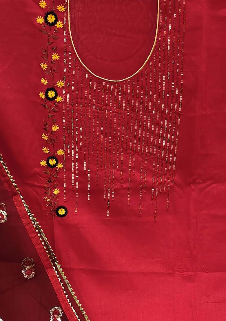 Red Floral Embroidered Poly Blend Kurta Set