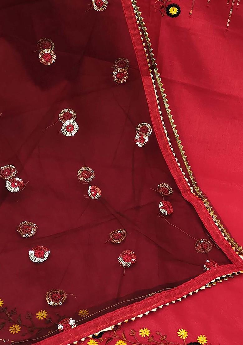 Red Floral Embroidered Poly Blend Kurta Set