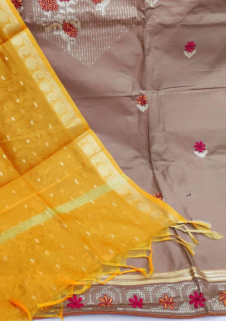 Brown Embroidered Poly Blend Kurta Set