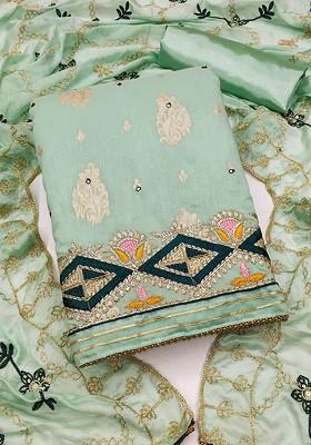 Sea Green Ethnic Motifs Woven Poly Blend Kurta Set