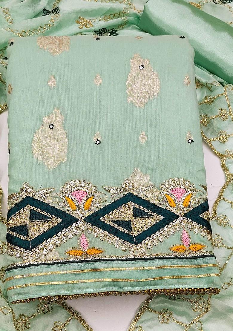 Sea Green Ethnic Motifs Woven Poly Blend Kurta Set