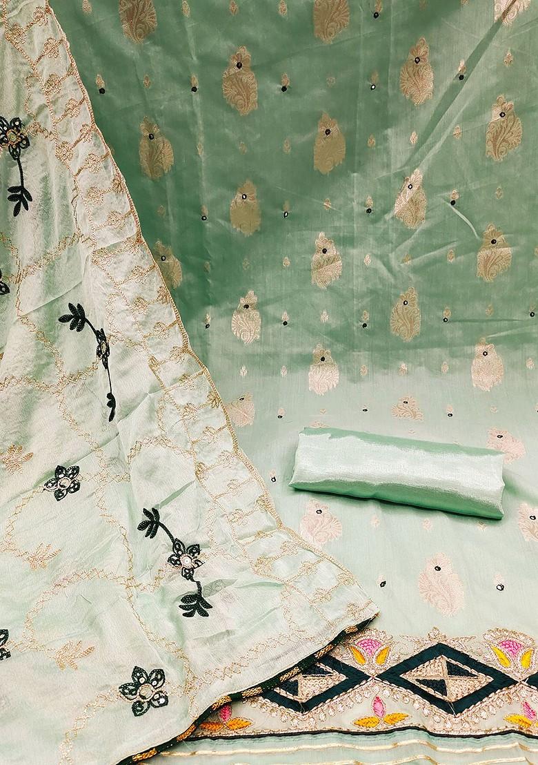 Sea Green Ethnic Motifs Woven Poly Blend Kurta Set