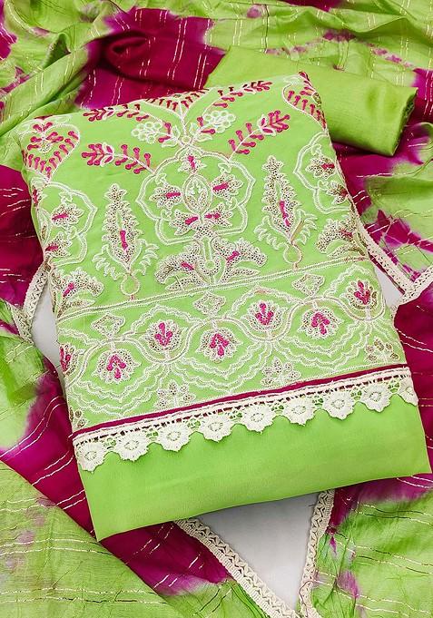 Green Floral Embroidered Poly Blend Kurta Set