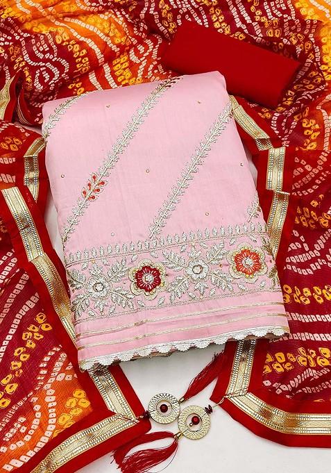 Pink Embroidered Poly Blend Kurta Set