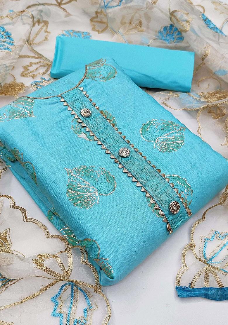 Turquoise Blue Ethnic Motifs Printed Poly Blend Kurta Set