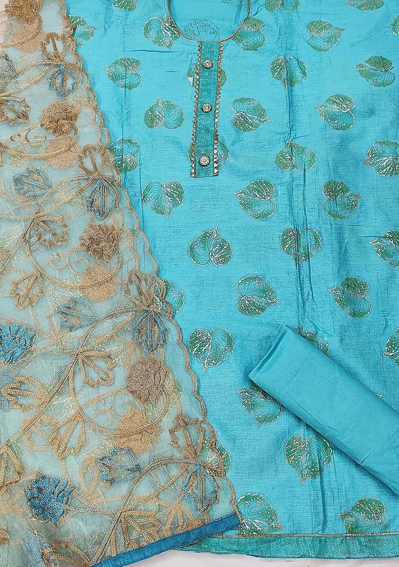 Turquoise Blue Ethnic Motifs Printed Poly Blend Kurta Set