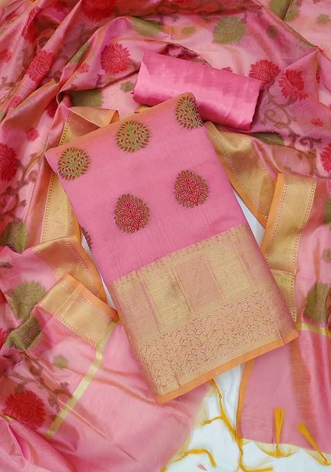 Pink Ethnic Motifs Woven Poly Blend Kurta Set