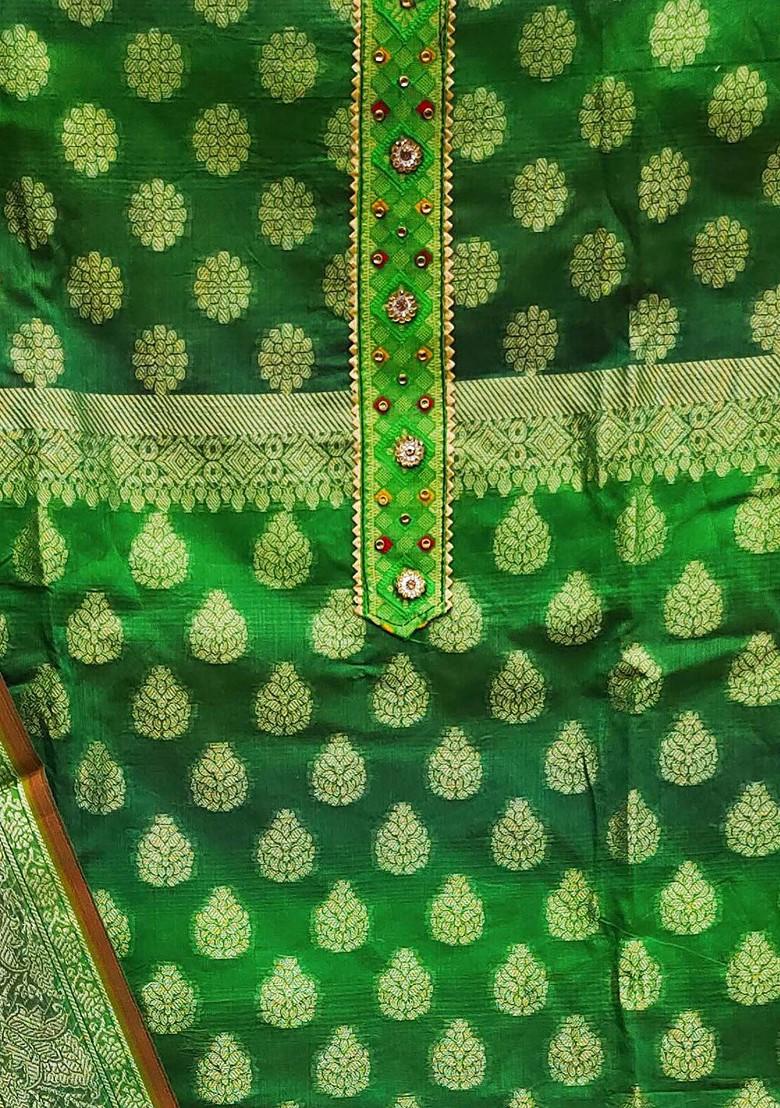 Green Ethnic Motifs Woven Poly Blend Kurta Set