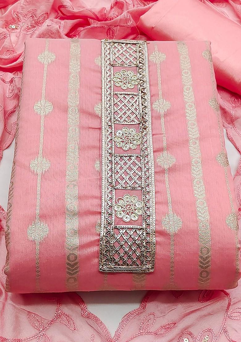 Pink Floral Woven Design Poly Blend Kurta Set