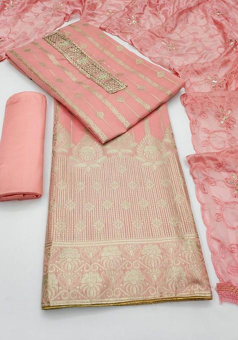 Pink Floral Woven Design Poly Blend Kurta Set