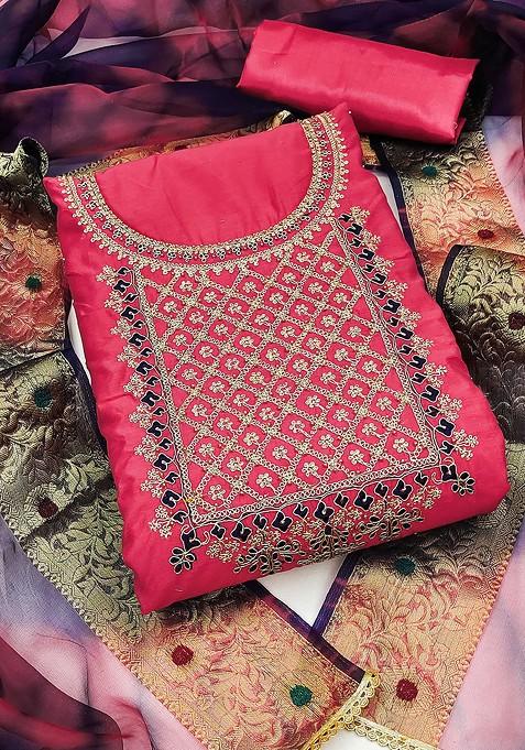 Pink Ethnic Motifs Embroidered Poly Blend Kurta Set