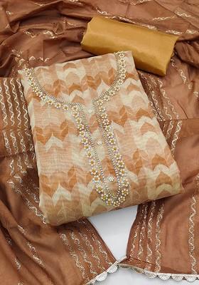 Brown Floral Print Poly Blend Kurta Set