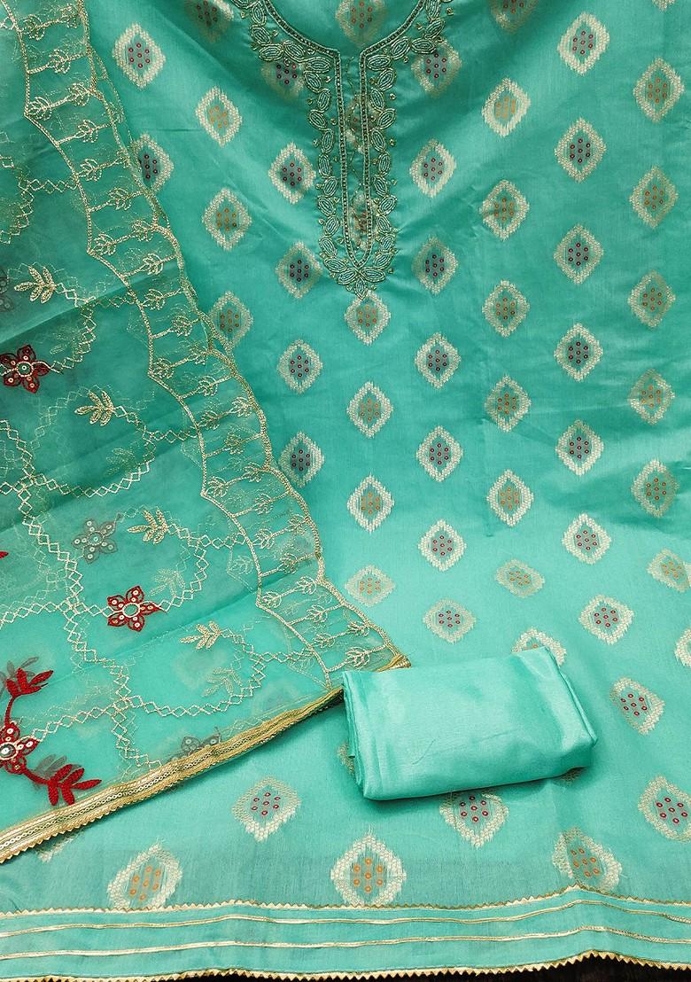 Sea Green Geometric Print Poly Blend Kurta Set