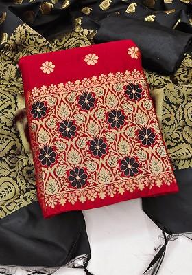 Red Floral Woven Design Poly Blend Kurta Set