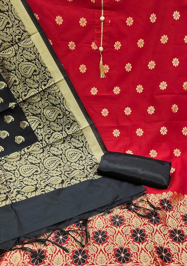 Red Floral Woven Design Poly Blend Kurta Set