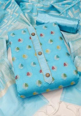 Blue Ethnic Motifs Woven Poly Blend Kurta Set