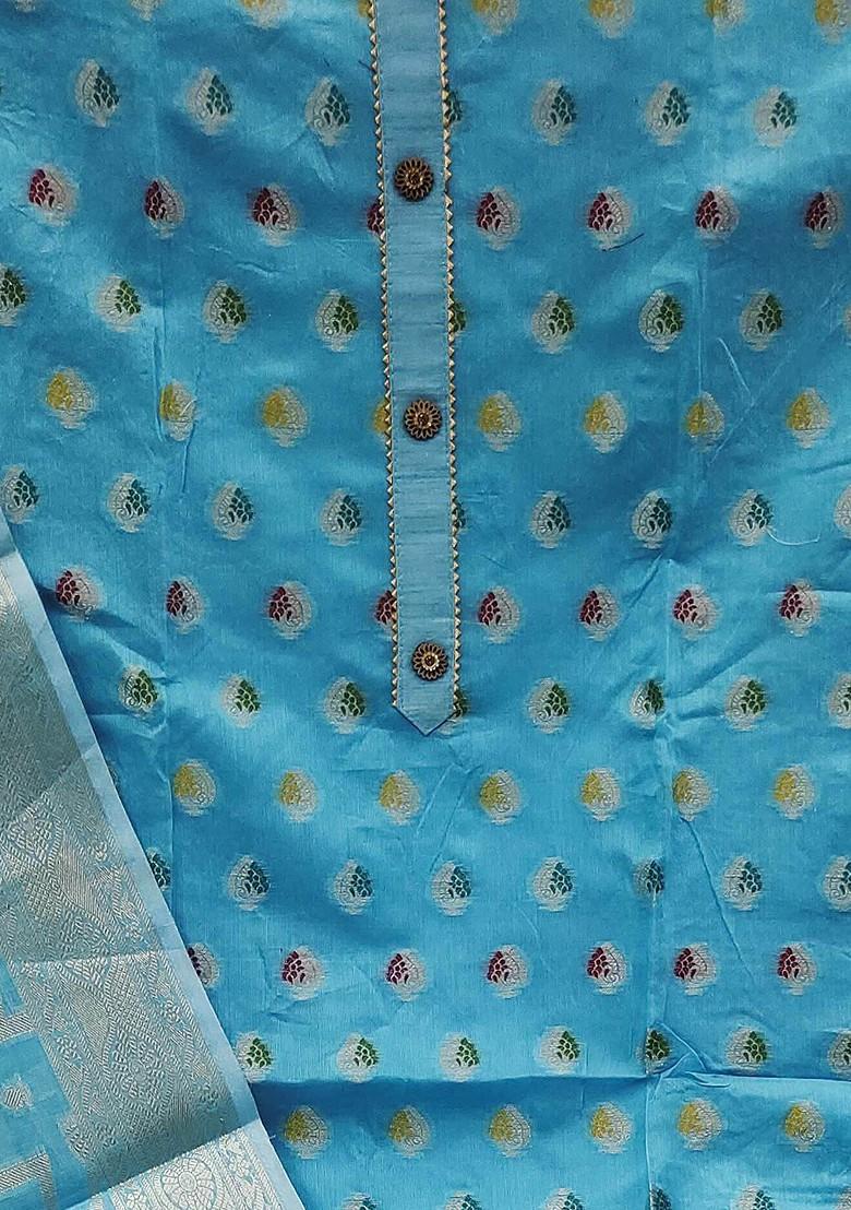 Blue Ethnic Motifs Woven Poly Blend Kurta Set