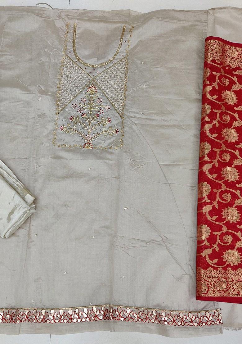 Grey Embroidered Poly Blend Kurta Set