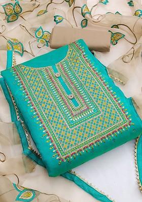 Sea Green Ethnic Motifs Embroidered Poly Blend Kurta Set