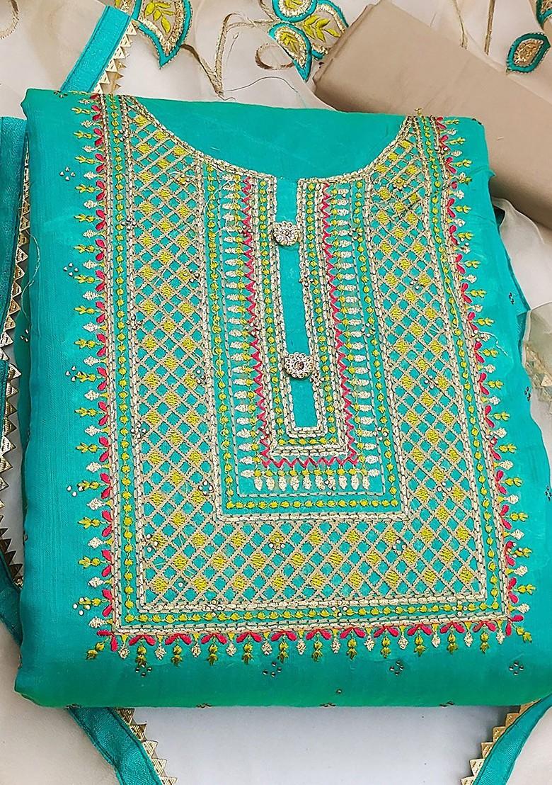 Sea Green Ethnic Motifs Embroidered Poly Blend Kurta Set