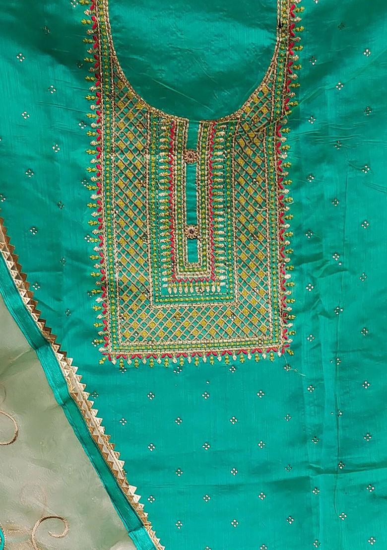 Sea Green Ethnic Motifs Embroidered Poly Blend Kurta Set