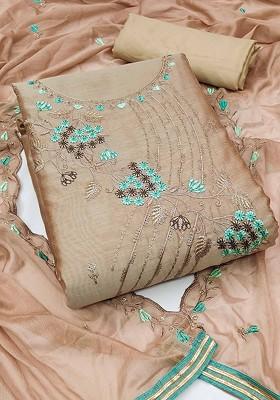 Beige Floral Embroidered Poly Blend Kurta Set
