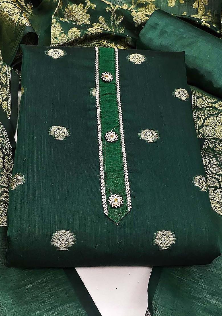 Green Ethnic Motifs Woven Poly Blend Kurta Set
