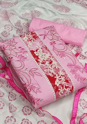 Pink Floral Embroidered Poly Blend Kurta Set