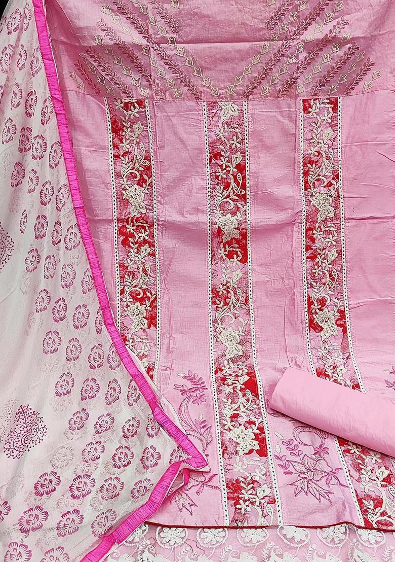 Pink Floral Embroidered Poly Blend Kurta Set