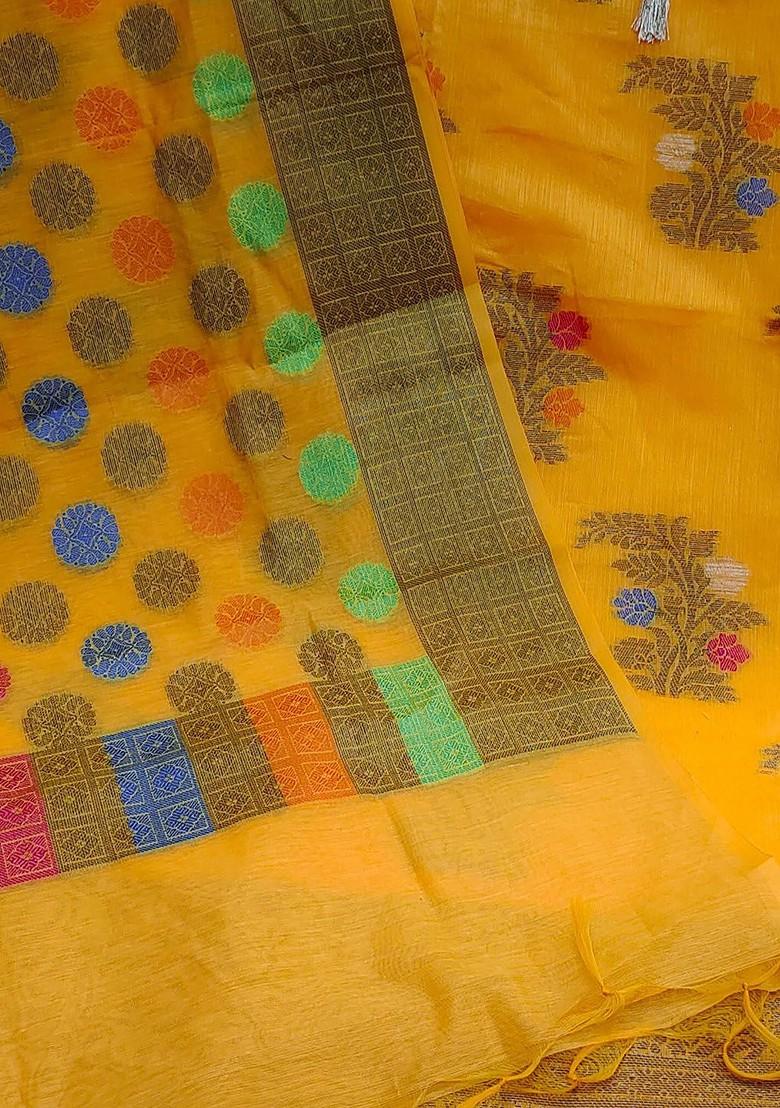Yellow Floral Woven Design Poly Blend Kurta Set