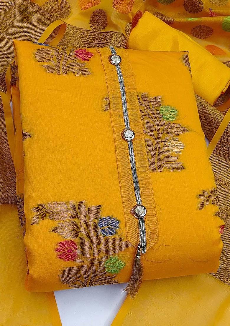 Yellow Floral Woven Design Poly Blend Kurta Set